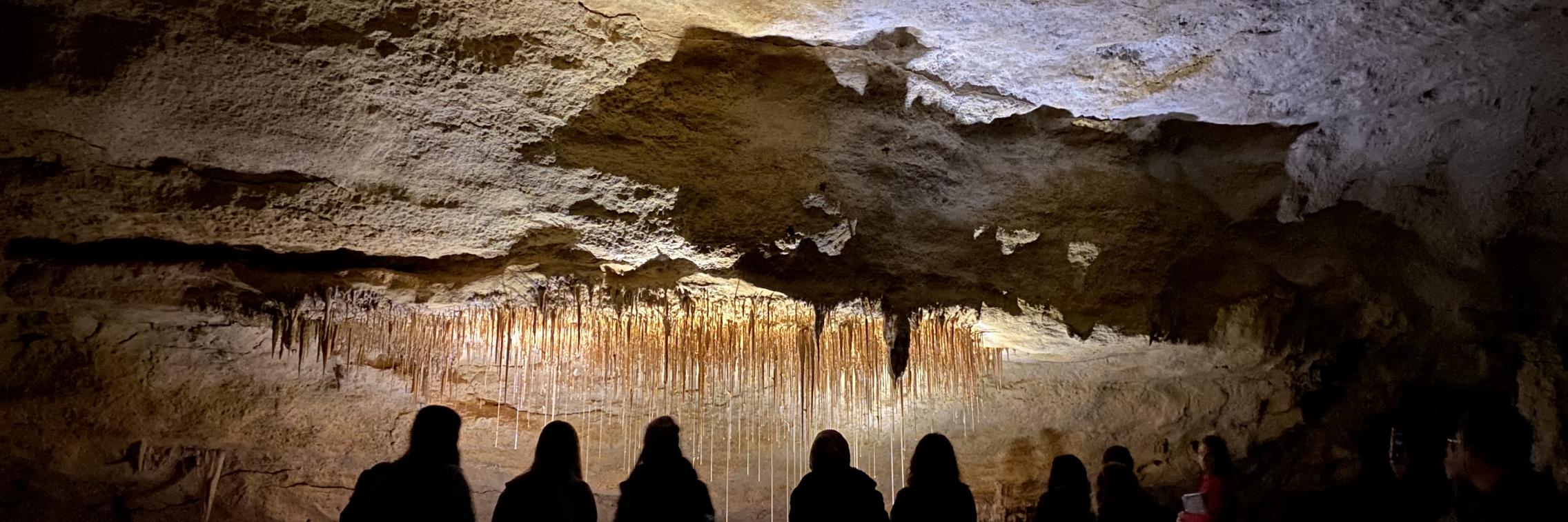 A group of students sits silhouetted as they look at the formations in a cave. 